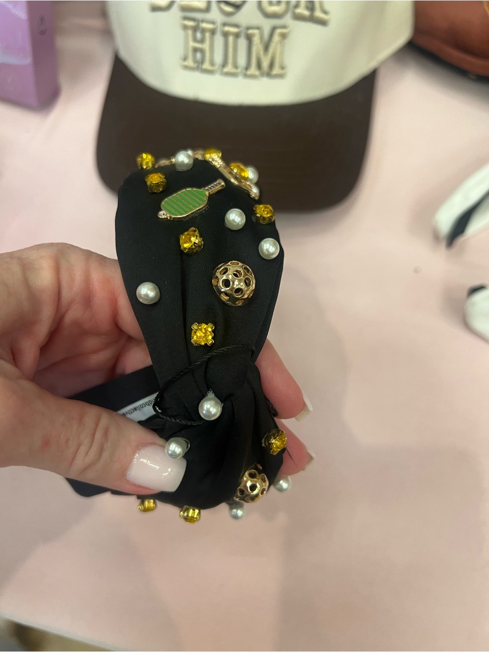 Pickleball Embellished Black Knotted Headband with Pearls and Yellow Gem Accents